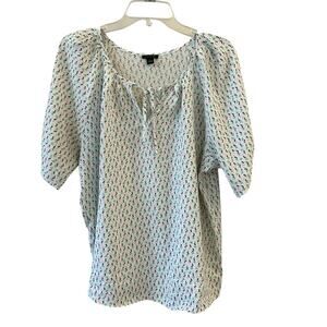 Ann Taylor Short Sleeve Mini Florals Relaxed Blouse White Green Purple Large